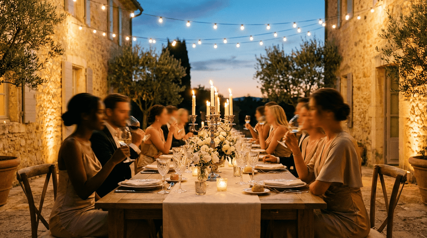 Candlelit dinner in stone courtyard